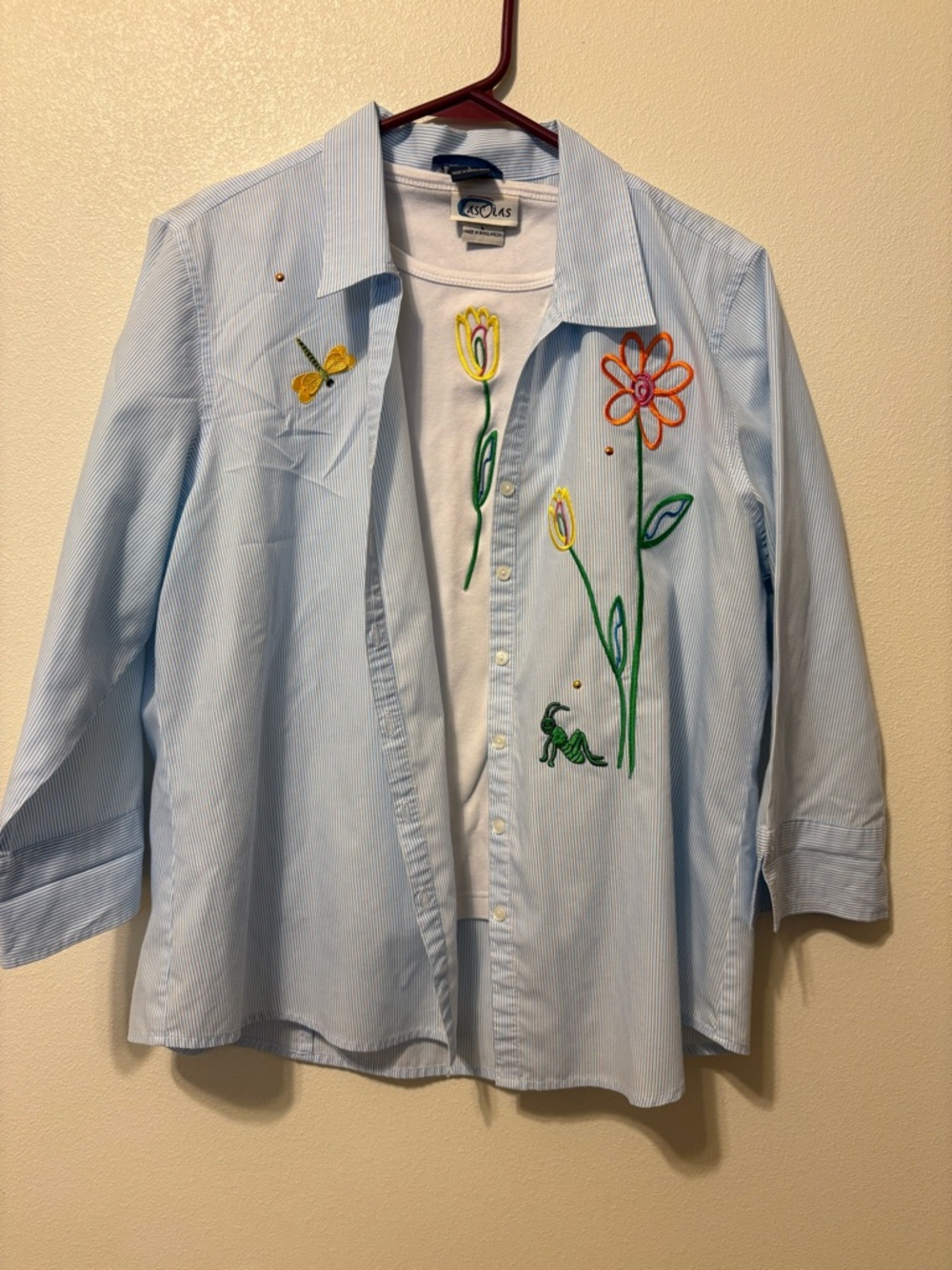 Light Blue Embroidered Floral Button-Up Blouse